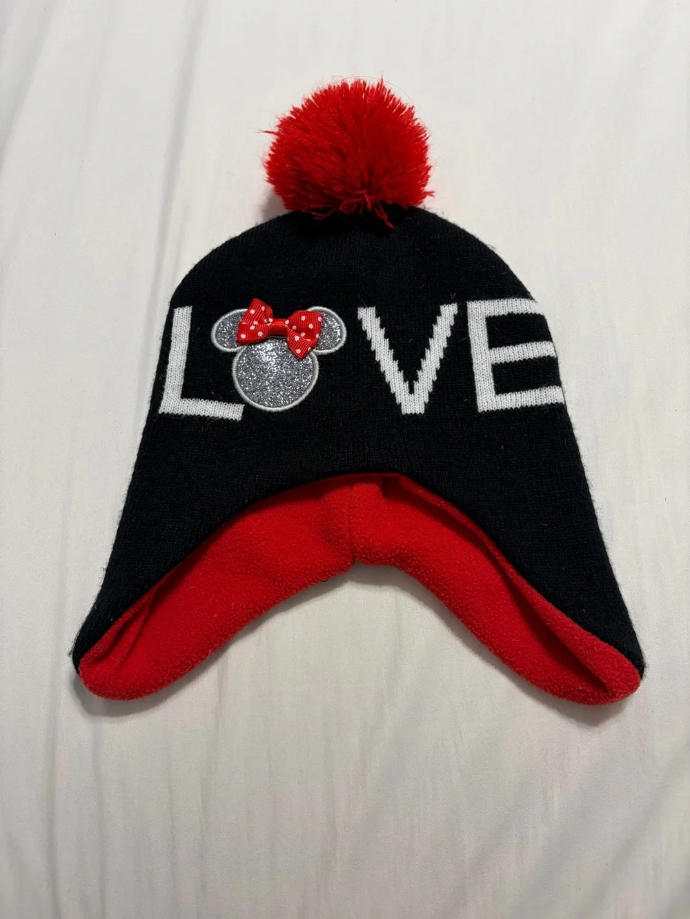 Disney Minnie Mouse LOVE Sparkle Pom Pom Fleece Lined Earflap Hat